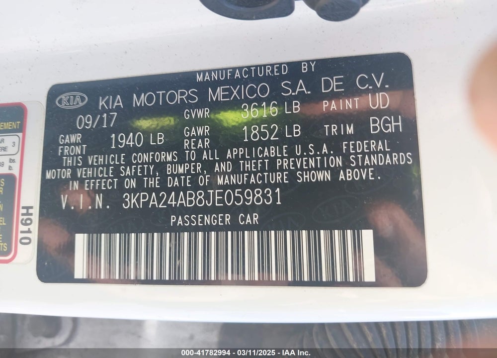 2018 KIA RIO VIN: 3KPA24AB8JE059831