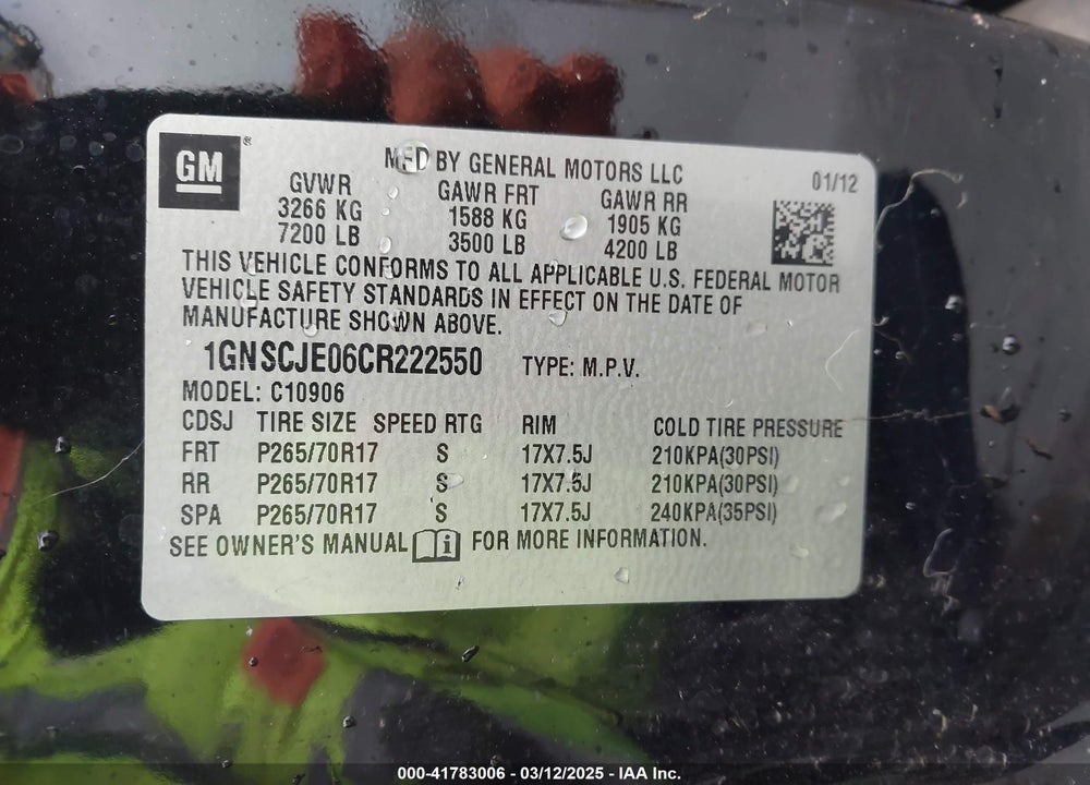 2012 CHEVROLET SUBURBAN 1500 LT VIN: 1GNSCJE06CR222550