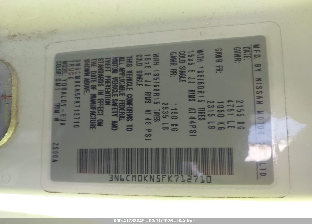 2015 NISSAN NV200 VIN: 3N6CM0KN5FK712710