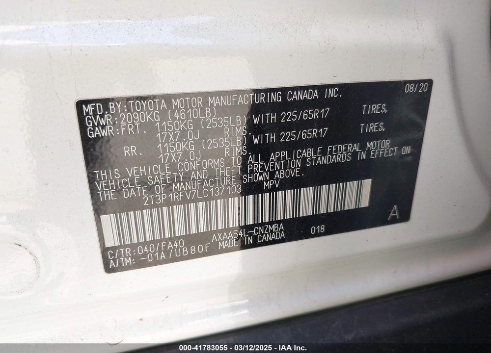 2020 TOYOTA RAV4 XLE VIN: 2T3P1RFV7LC137103