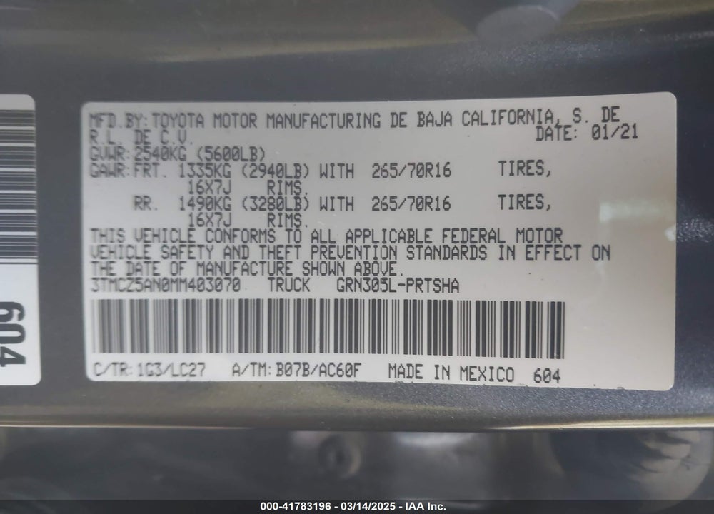 2021 TOYOTA TACOMA TRD OFF ROAD VIN: 3TMCZ5AN0MM403070