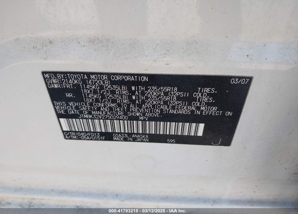 2007 TOYOTA RAV4 SPORT V6 VIN: JTMBK32V275029400