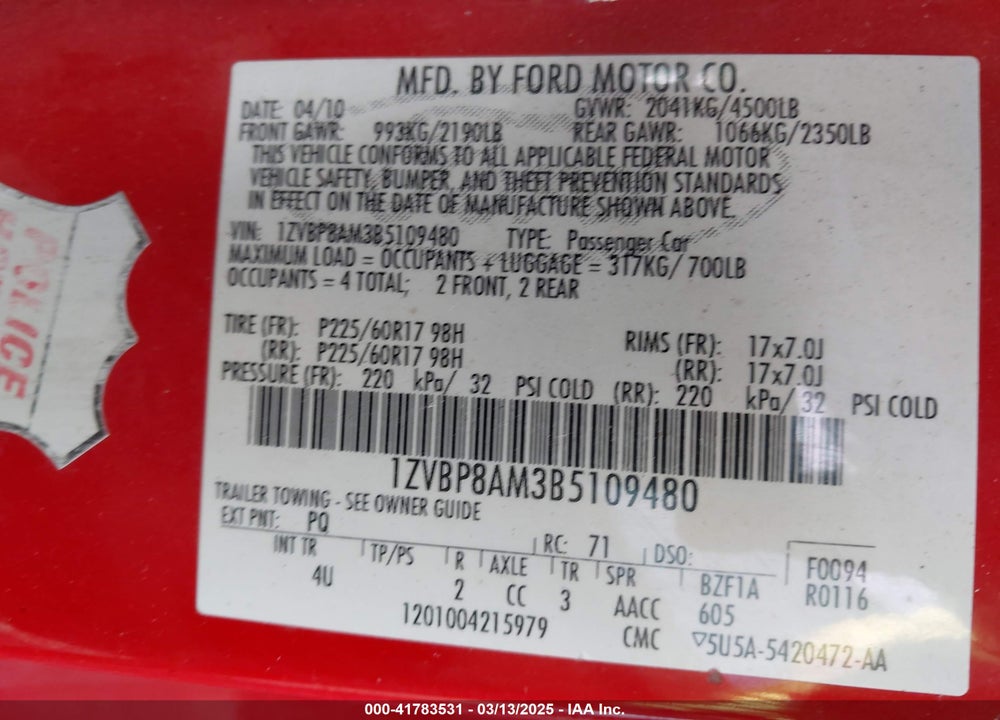2011 FORD MUSTANG V6 PREMIUM VIN: 1ZVBP8AM3B5109480