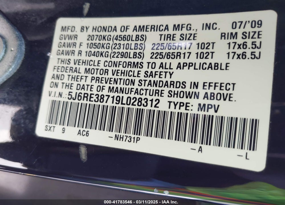 2009 HONDA CR-V VIN: 5J6RE38719L028312