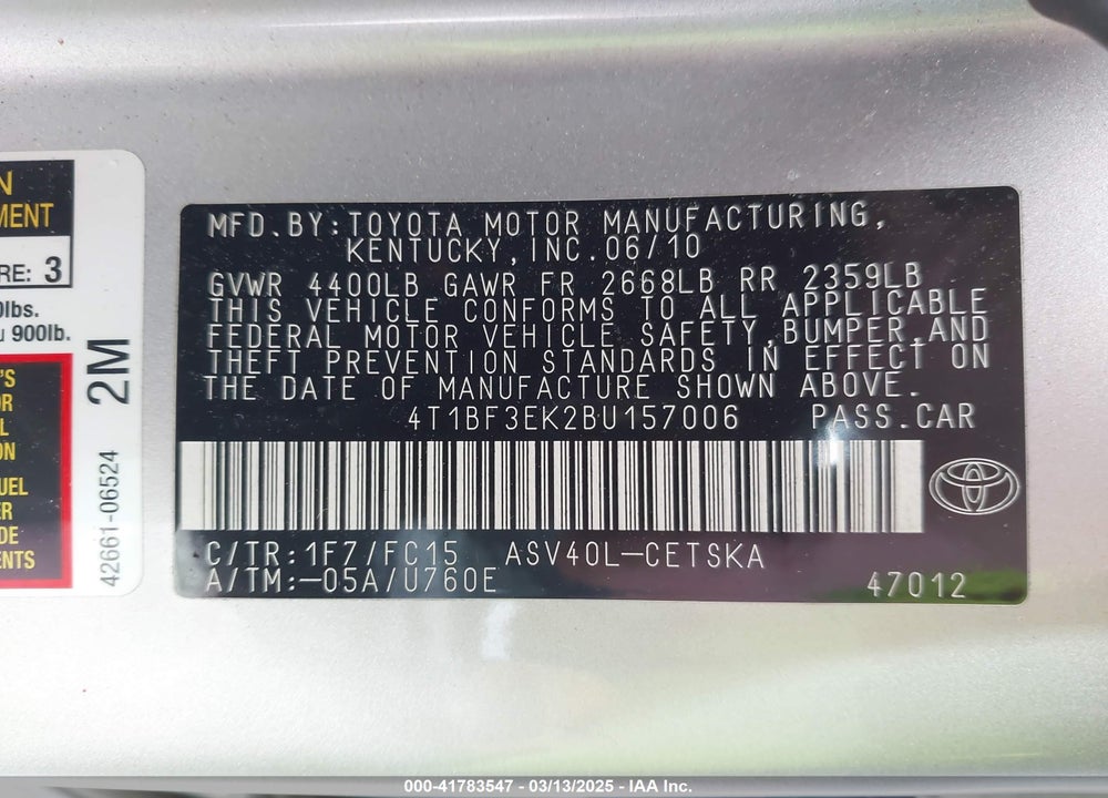 2011 TOYOTA CAMRY VIN: 4T1BF3EK2BU157006