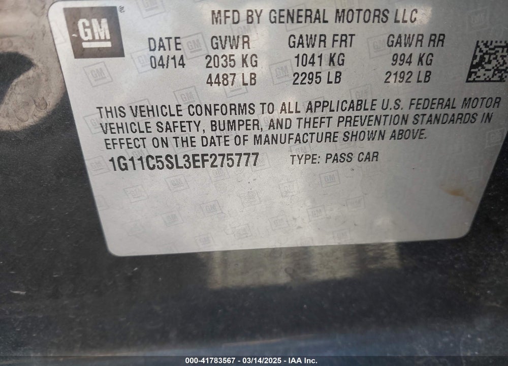 2014 CHEVROLET MALIBU VIN: 1G11C5SL3EF275777