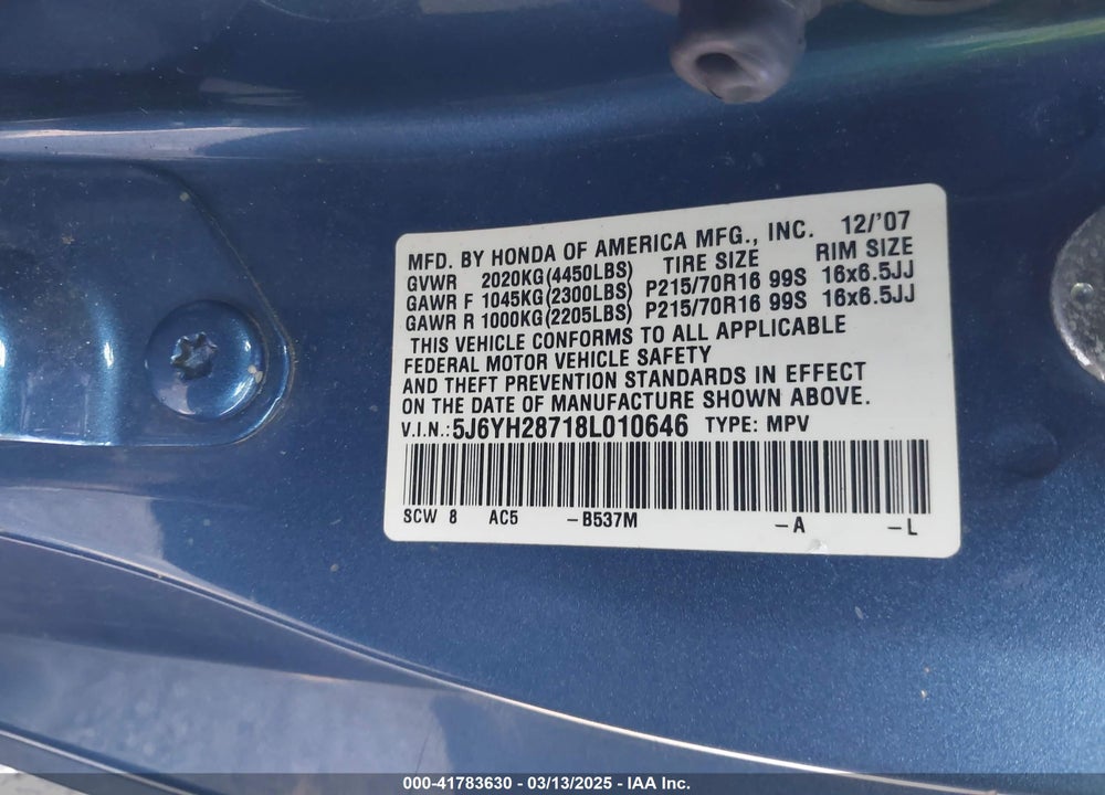 2008 HONDA ELEMENT VIN: 5J6YH28718L010646