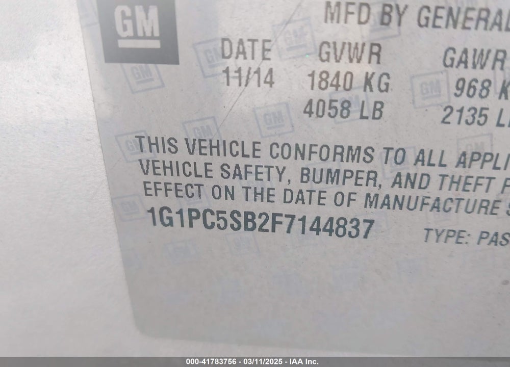 2015 CHEVROLET CRUZE VIN: 1G1PC5SB2F7144837