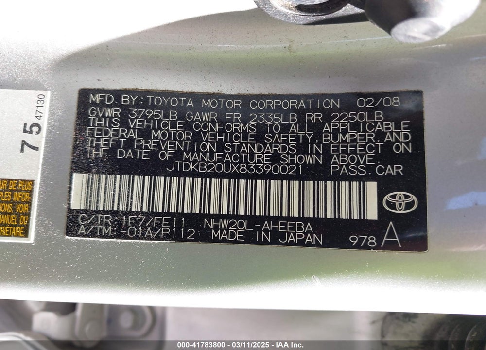 2008 TOYOTA PRIUS VIN: JTDKB20UX83390021