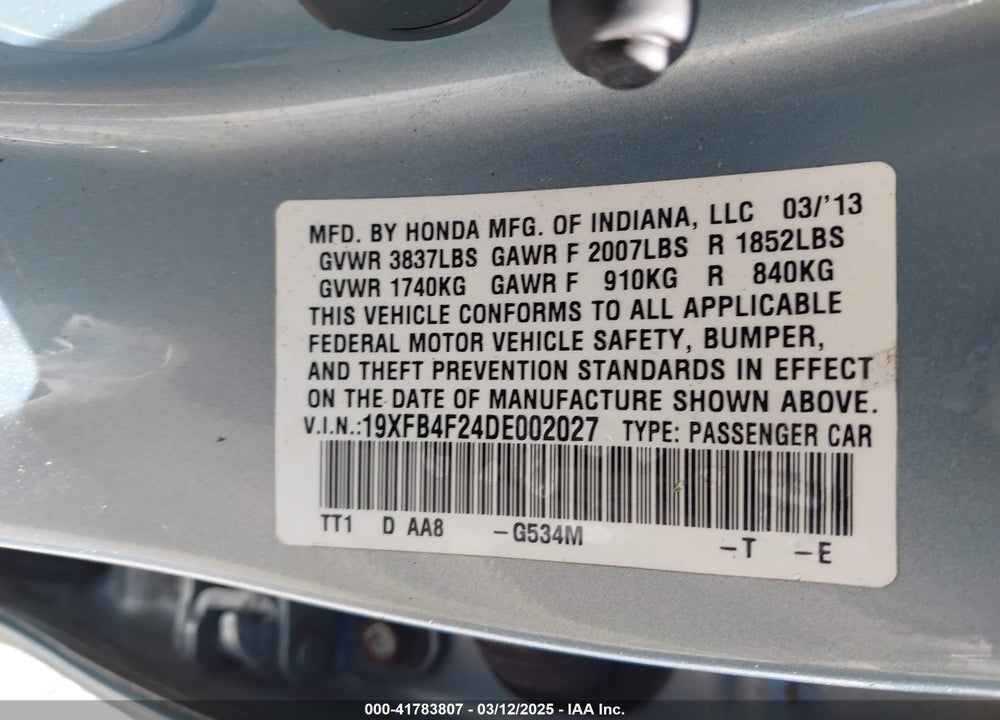 2013 HONDA CIVIC HYBRID VIN: 19XFB4F24DE002027