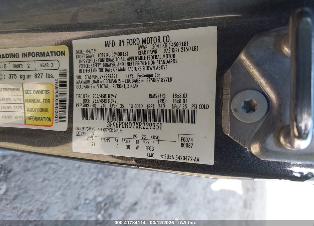 2019 FORD FUSION VIN: 3FA6P0HD2KR229351