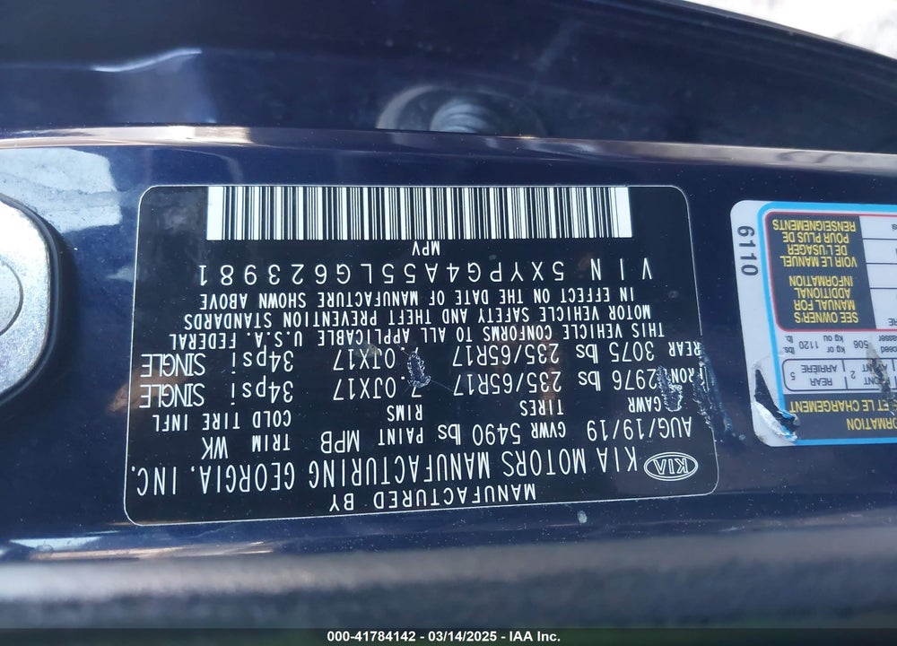 2020 KIA SORENTO VIN: 5XYPG4A55LG623981
