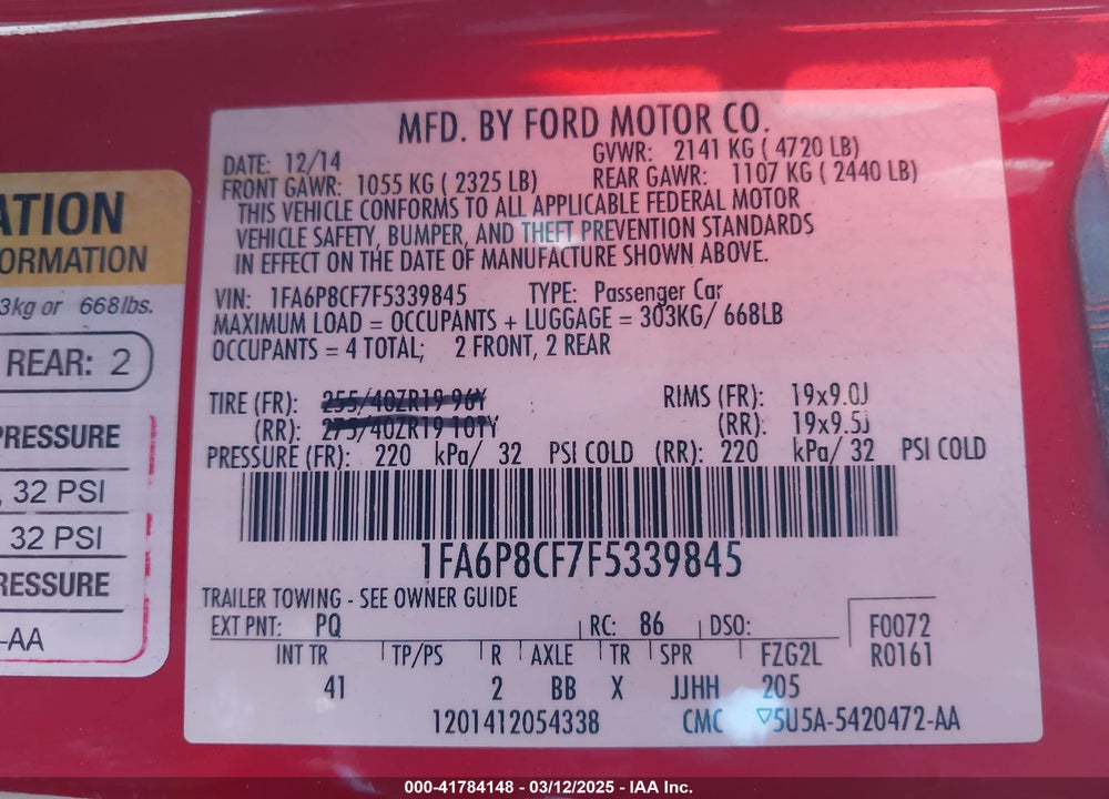 2015 FORD MUSTANG VIN: 1FA6P8CF7F5339845