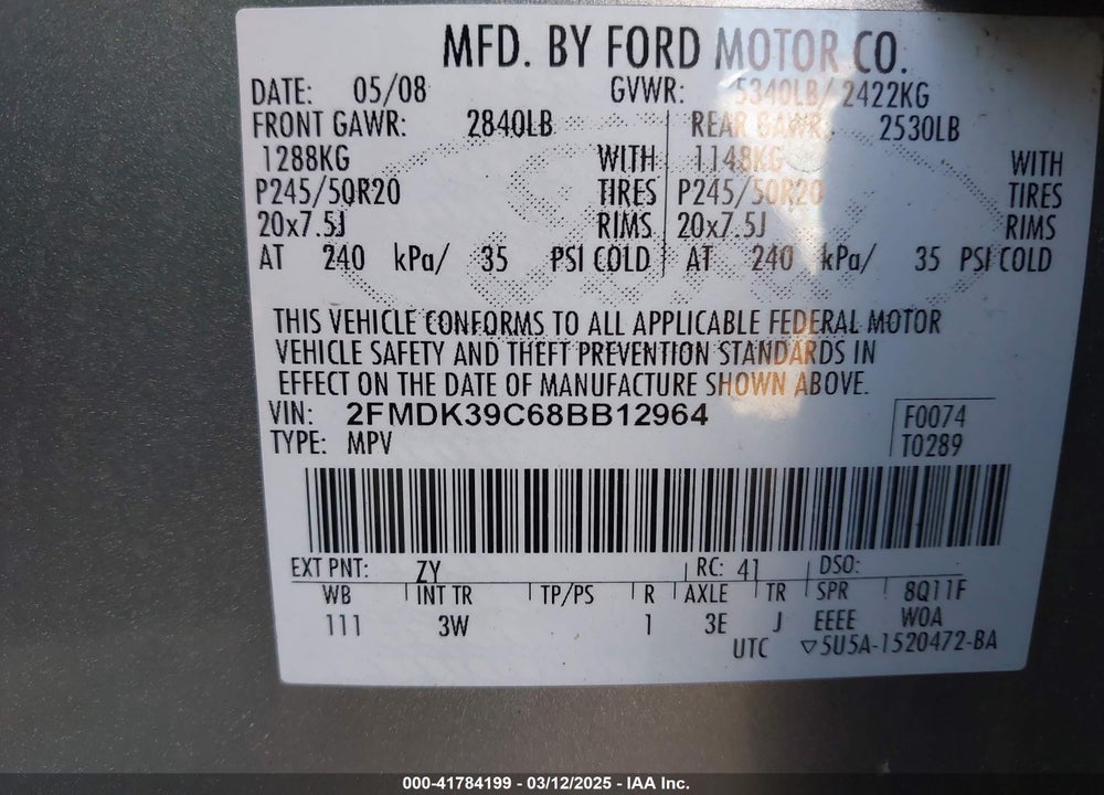2008 FORD EDGE VIN: 2FMDK39C68BB12964