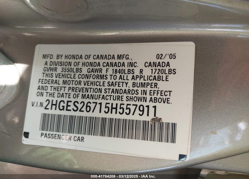 2005 HONDA CIVIC VIN: 2HGES26715H557911