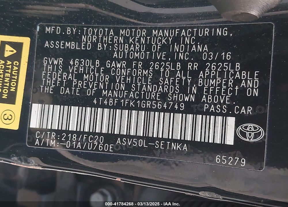 2016 TOYOTA CAMRY LE VIN: 4T4BF1FK1GR564749