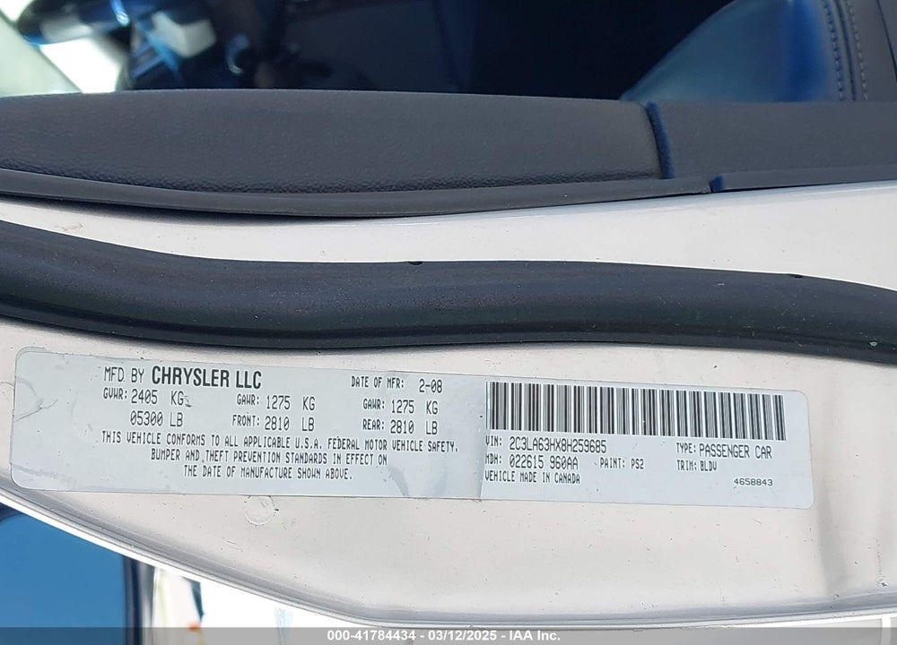 2008 CHRYSLER 300C VIN: 2C3LA63HX8H259685