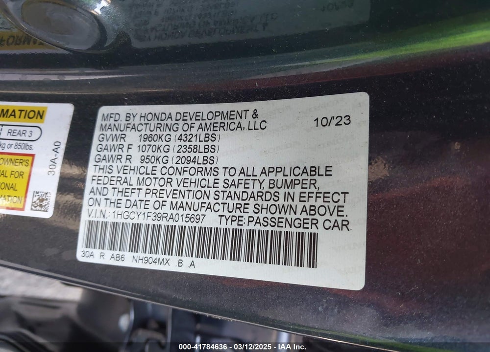 2024 HONDA ACCORD VIN: 1HGCY1F39RA015697