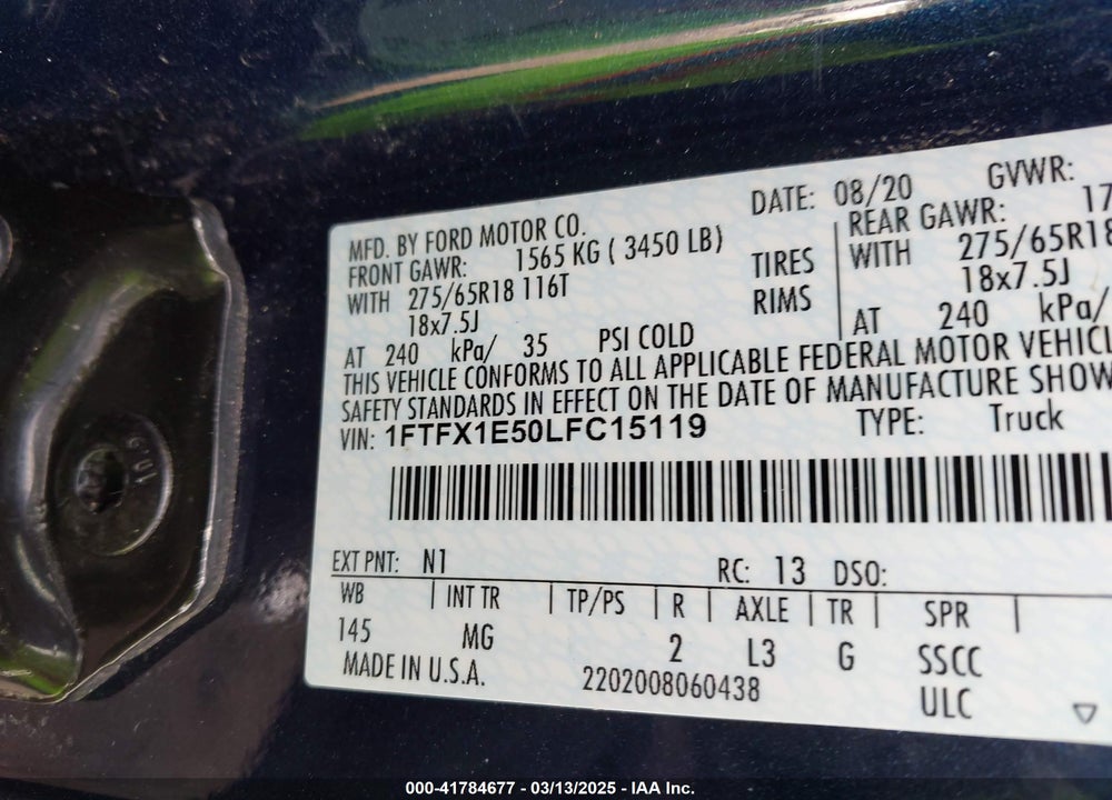 2020 FORD F-150 XLT VIN: 1FTFX1E50LFC15119