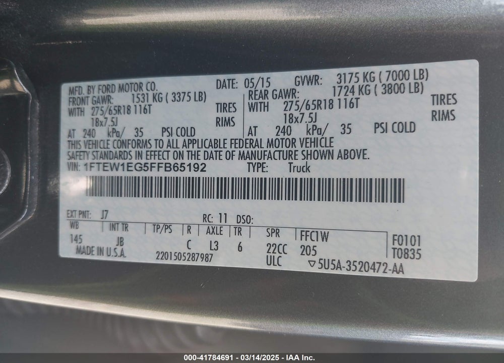 2015 FORD F-150 VIN: 1FTEW1EG5FFB65192