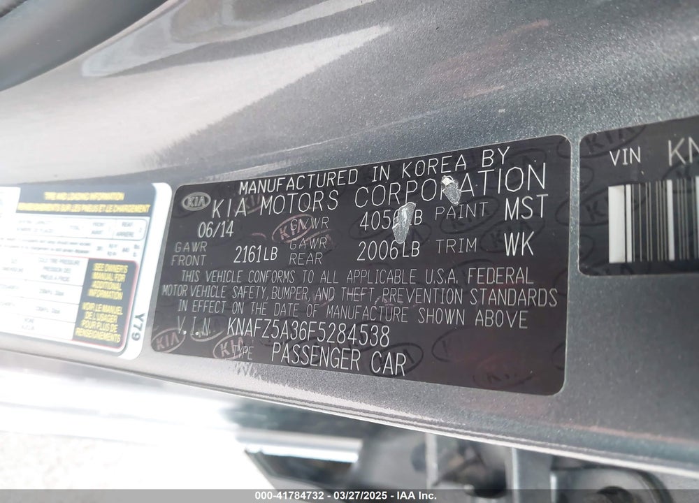 2015 KIA FORTE VIN: KNAFZ5A36F5284538