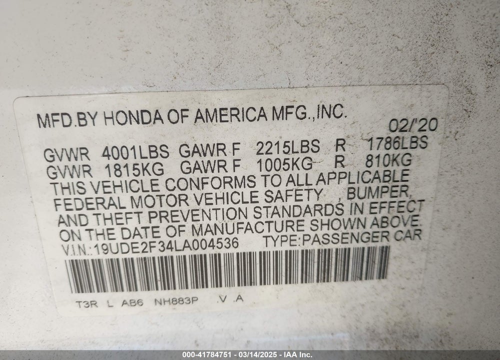 2020 ACURA ILX VIN: 19UDE2F34LA004536