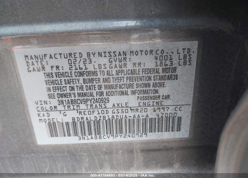 2023 NISSAN SENTRA VIN: 3N1AB8CV9PY240929