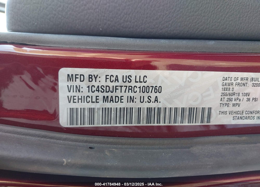 2024 DODGE DURANGO VIN: 1C4SDJFT7RC100760