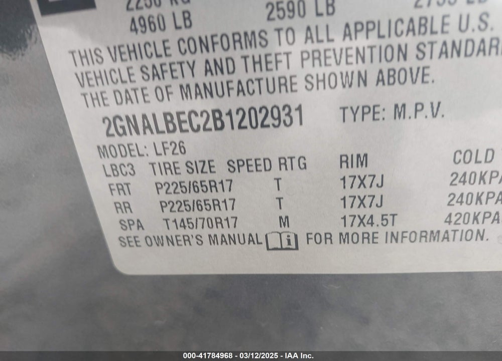 2011 CHEVROLET EQUINOX VIN: 2GNALBEC2B1202931