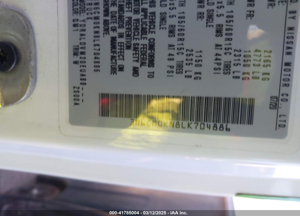 2020 NISSAN NV200  CARGO S XTRONIC CVT VIN: 3N6CM0KN8LK704886