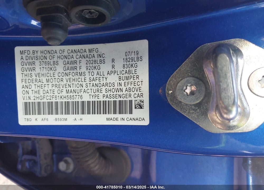2019 HONDA CIVIC VIN: 2HGFC2F61KH585776