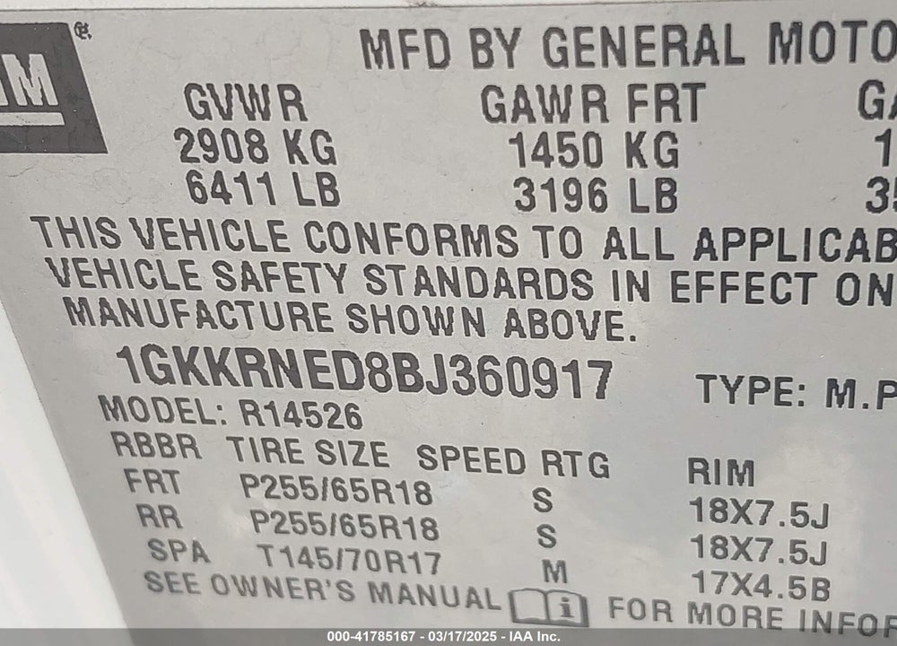 2011 GMC ACADIA VIN: 1GKKRNED8BJ360917