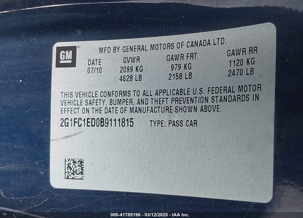 2011 CHEVROLET CAMARO 2LT VIN: 2G1FC1ED0B9111815