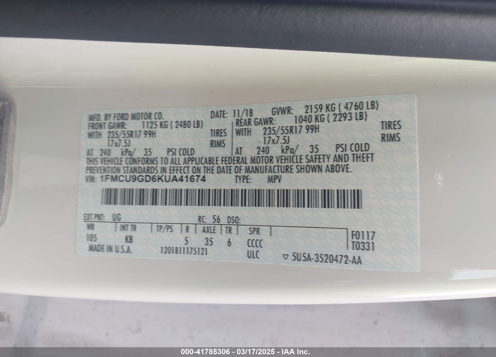 2019 FORD ESCAPE VIN: 1FMCU9GD6KUA41674