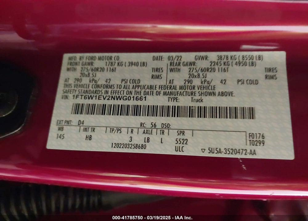 2022 FORD F-150 LIGHTNING LARIAT VIN: 1FT6W1EV2NWG01661