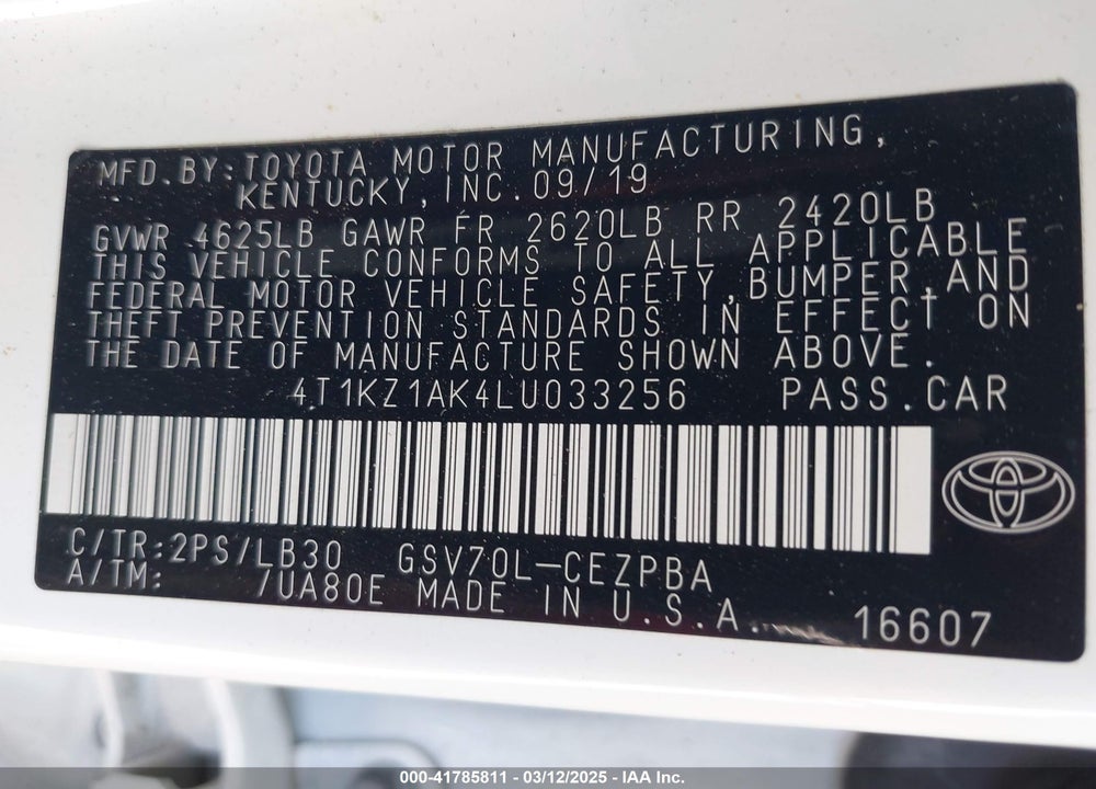 2020 TOYOTA CAMRY VIN: 4T1KZ1AK4LU033256