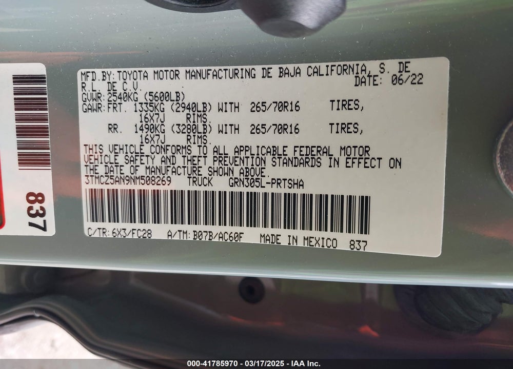 2022 TOYOTA TACOMA VIN: 3TMCZ5AN9NM508269
