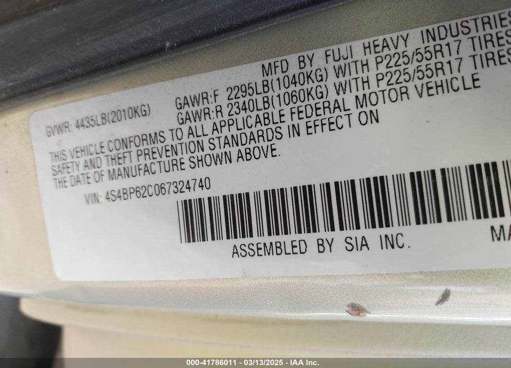 2006 SUBARU OUTBACK VIN: 4S4BP62C067324740