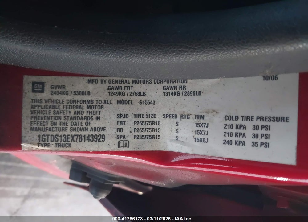 2007 GMC CANYON SLE2 VIN: 1GTDS13EX78143929