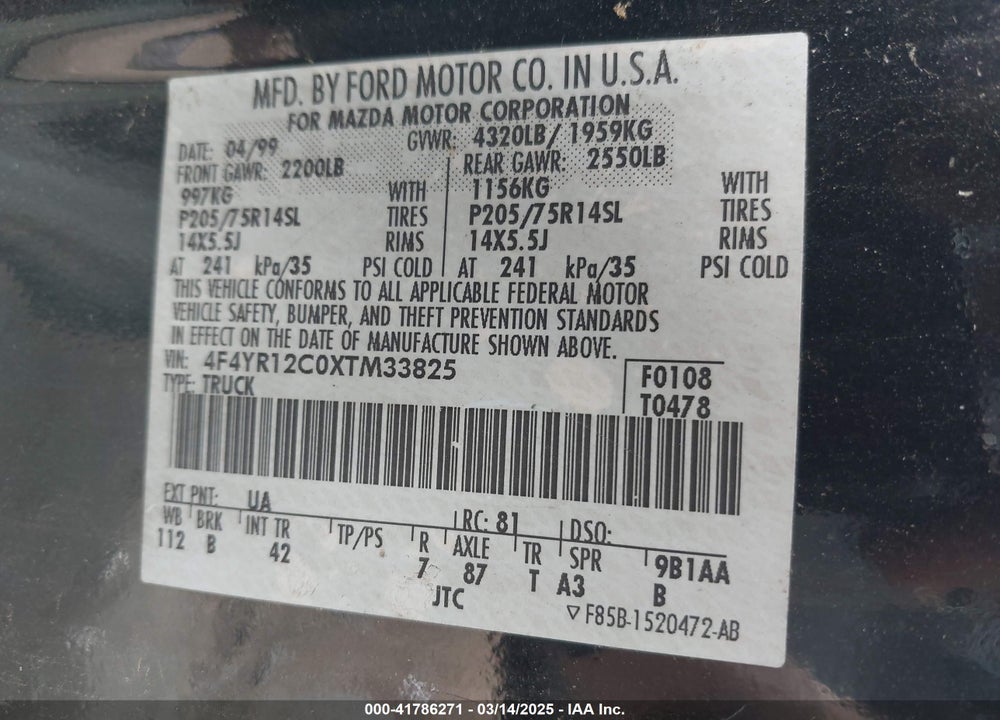 1999 MAZDA B2500 VIN: 4F4YR12C0XTM33825
