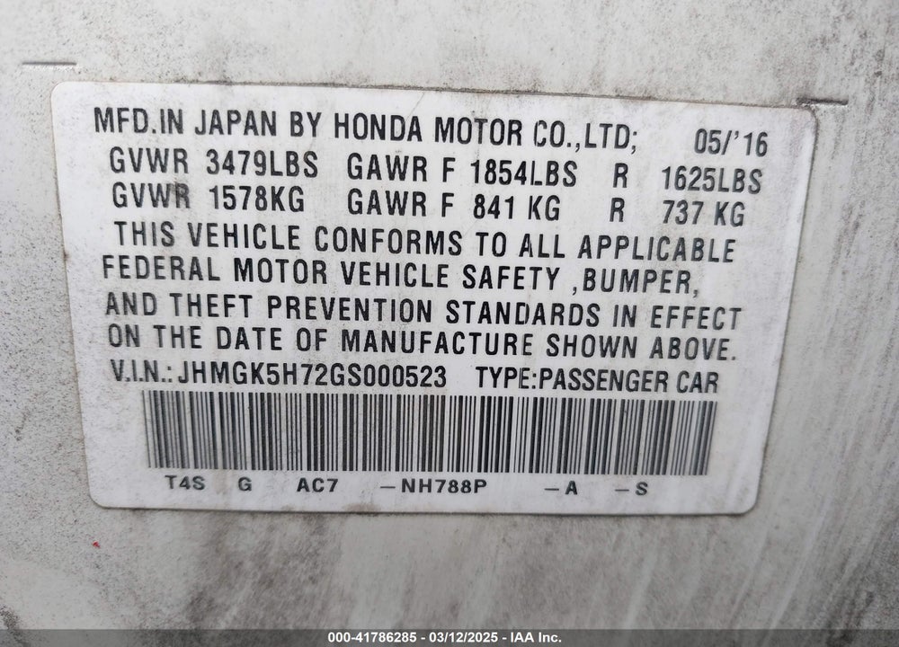 2016 HONDA FIT VIN: JHMGK5H72GS000523