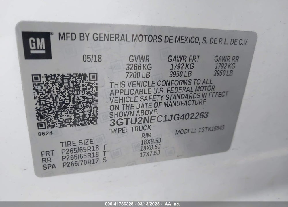 2018 GMC SIERRA VIN: 3GTU2NEC1JG402263