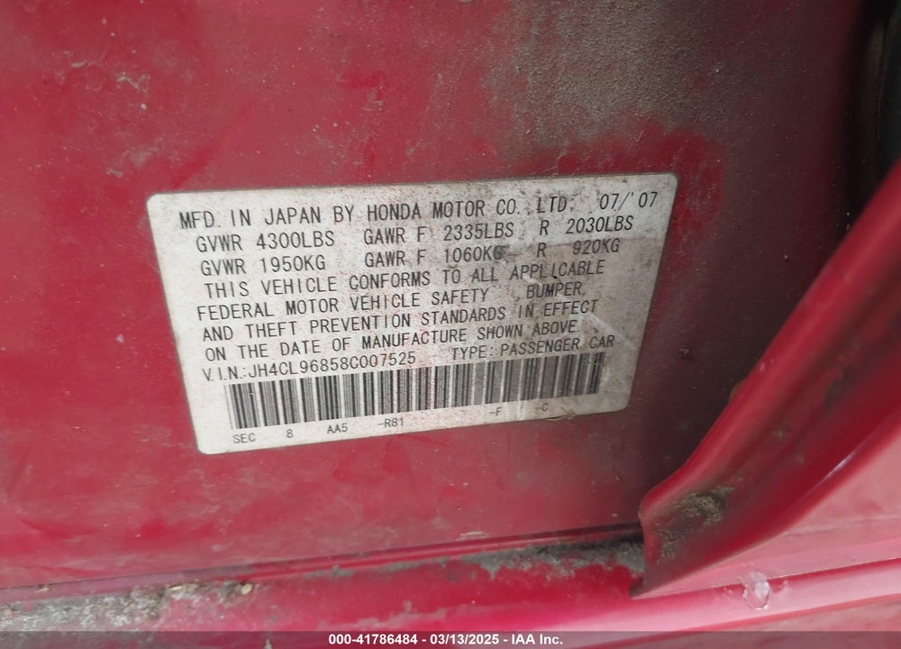 2008 ACURA TSX VIN: JH4CL96858C007525