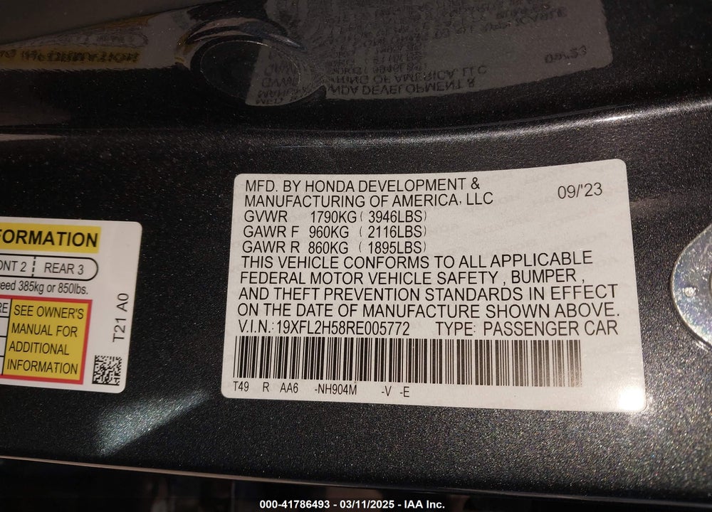 2024 HONDA CIVIC VIN: 19XFL2H58RE005772