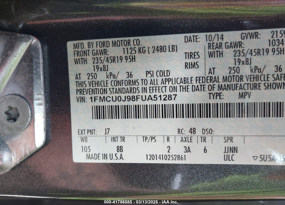 2015 FORD ESCAPE VIN: 1FMCU0J98FUA51287
