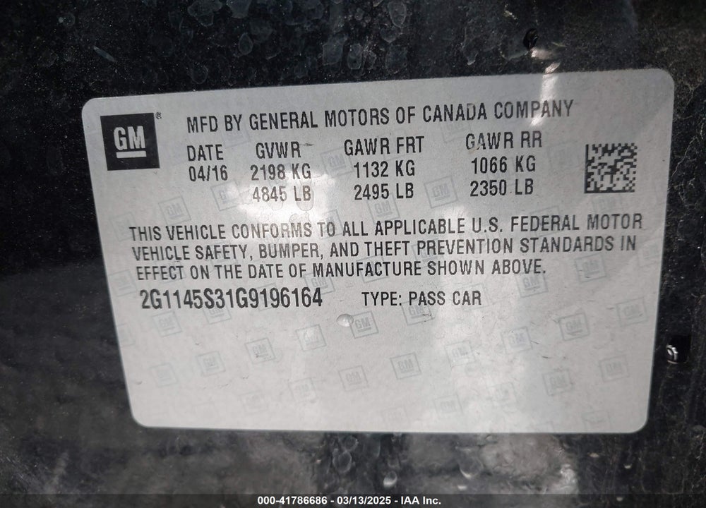 2016 CHEVROLET IMPALA VIN: 2G1145S31G9196164