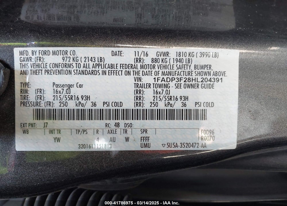 2017 FORD FOCUS SE VIN: 1FADP3F28HL204391