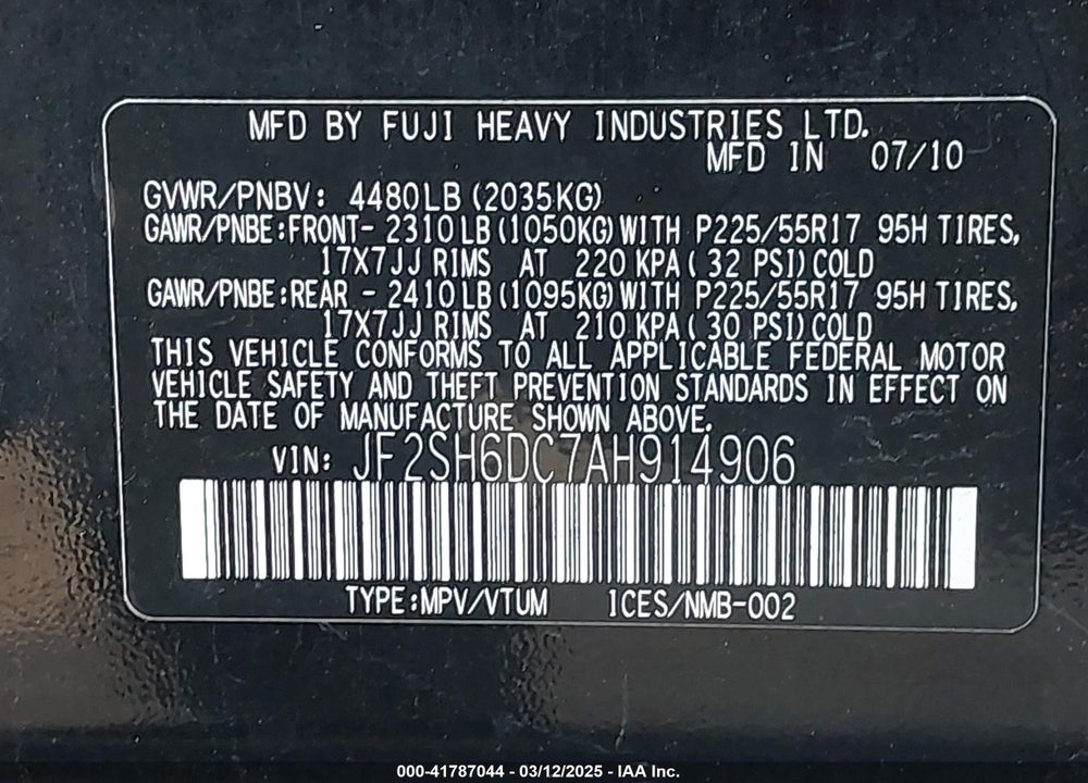 2010 SUBARU FORESTER VIN: JF2SH6DC7AH914906