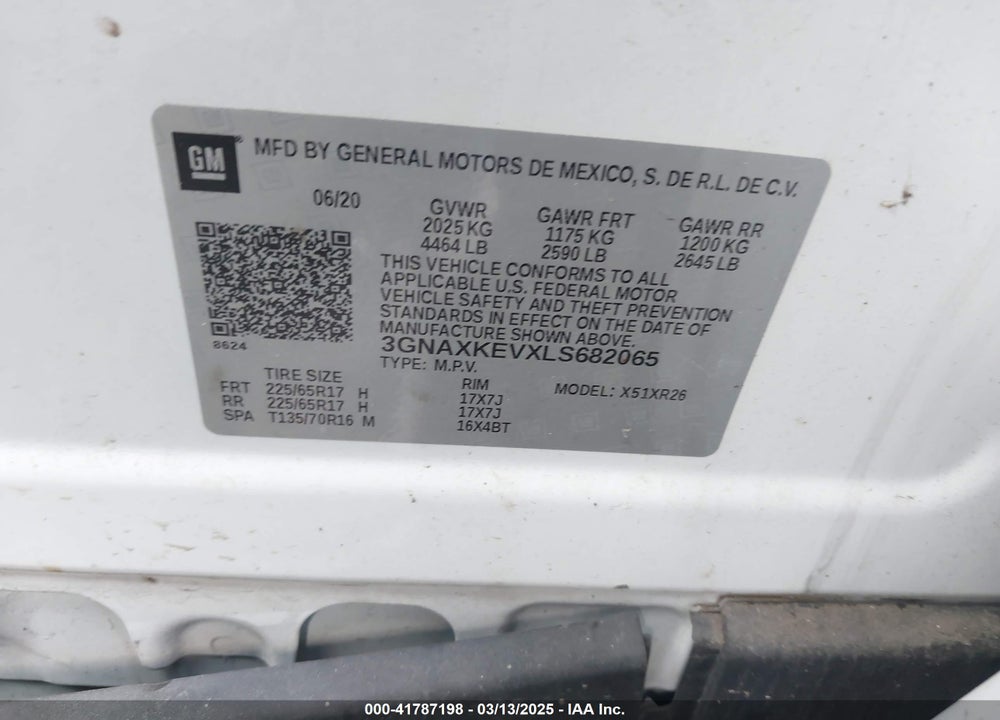 2020 CHEVROLET EQUINOX FWD LT 1.5L TURBO VIN: 3GNAXKEVXLS682065