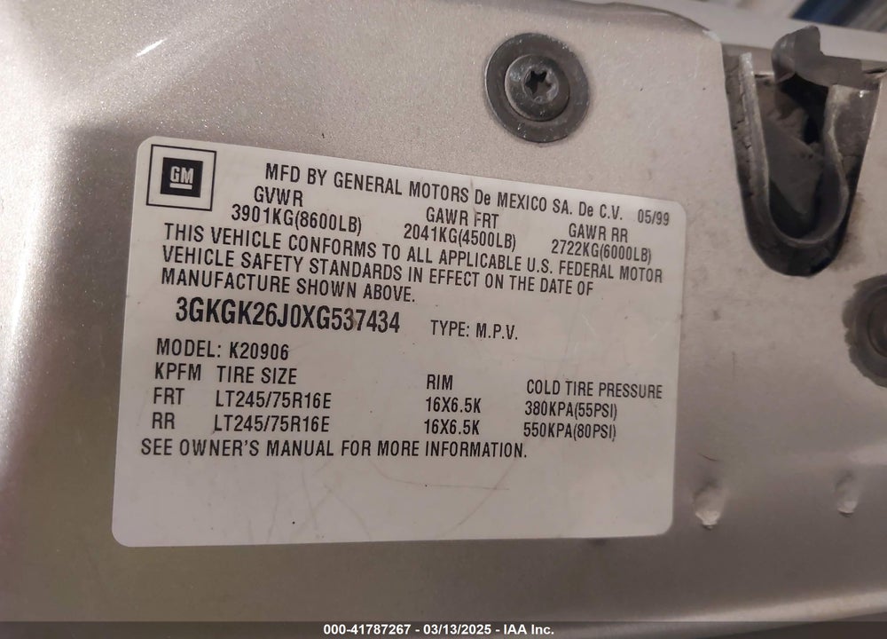 1999 GMC SUBURBAN 2500 VIN: 3GKGK26J0XG537434